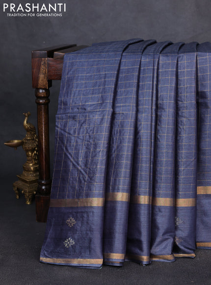Banana silk saree bluish grey with allover zari woven checked pattern and zari woven butta border