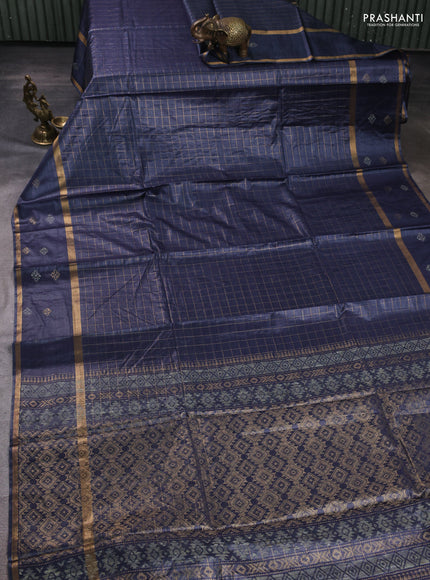 Banana silk saree bluish grey with allover zari woven checked pattern and zari woven butta border