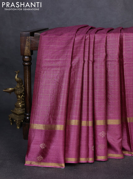 Banana silk saree magenta pink with allover zari woven checked pattern and zari woven butta border
