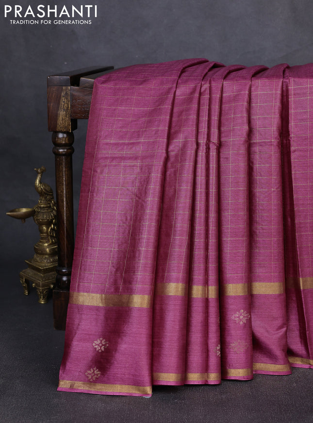 Banana silk saree magenta pink with allover zari woven checked pattern and zari woven butta border
