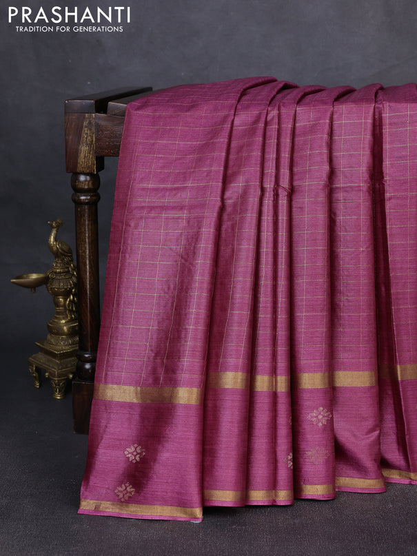 Banana silk saree magenta pink with allover zari woven checked pattern and zari woven butta border