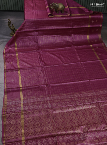 Banana silk saree magenta pink with allover zari woven checked pattern and zari woven butta border