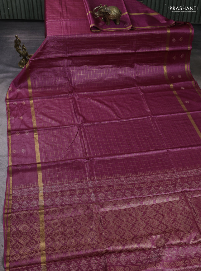 Banana silk saree magenta pink with allover zari woven checked pattern and zari woven butta border