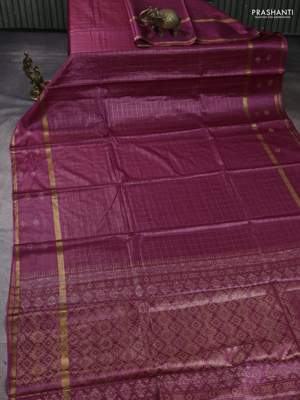 Banana silk saree magenta pink with allover zari woven checked pattern and zari woven butta border