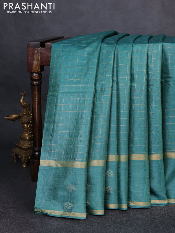 Banana silk saree green with allover zari woven checked pattern and zari woven butta border