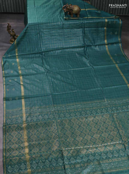 Banana silk saree green with allover zari woven checked pattern and zari woven butta border