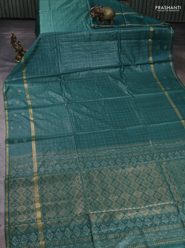 Banana silk saree green with allover zari woven checked pattern and zari woven butta border
