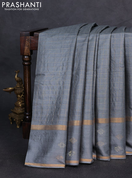 Banana silk saree dark grey with allover zari woven checked pattern and zari woven butta border