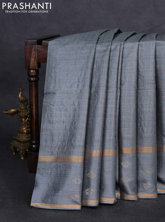 Banana silk saree dark grey with allover zari woven checked pattern and zari woven butta border