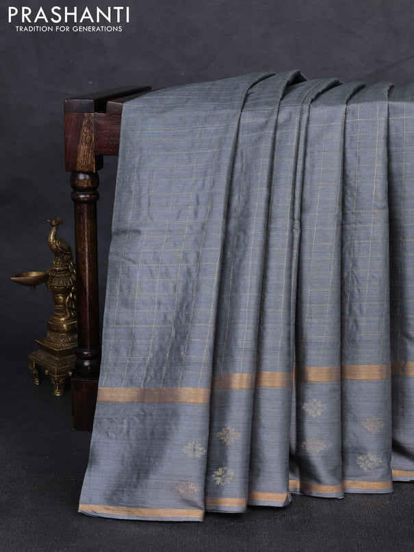 Banana silk saree dark grey with allover zari woven checked pattern and zari woven butta border
