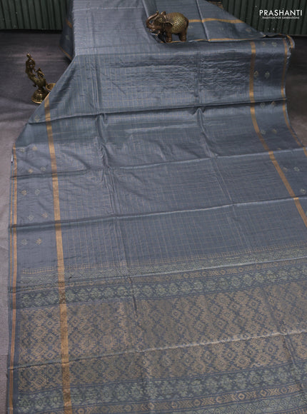 Banana silk saree dark grey with allover zari woven checked pattern and zari woven butta border