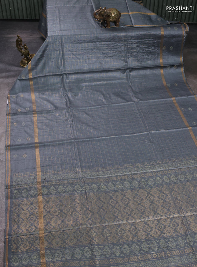 Banana silk saree dark grey with allover zari woven checked pattern and zari woven butta border