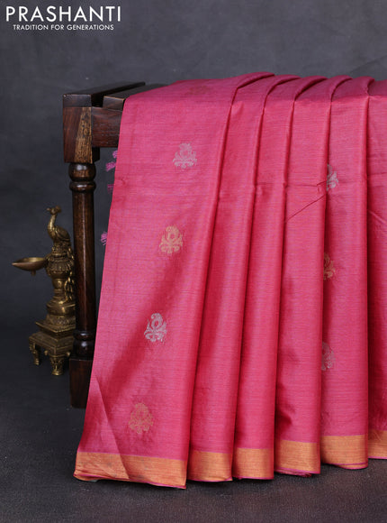 Banana silk saree pink with allover silver & gold zari woven buttas and zari woven border