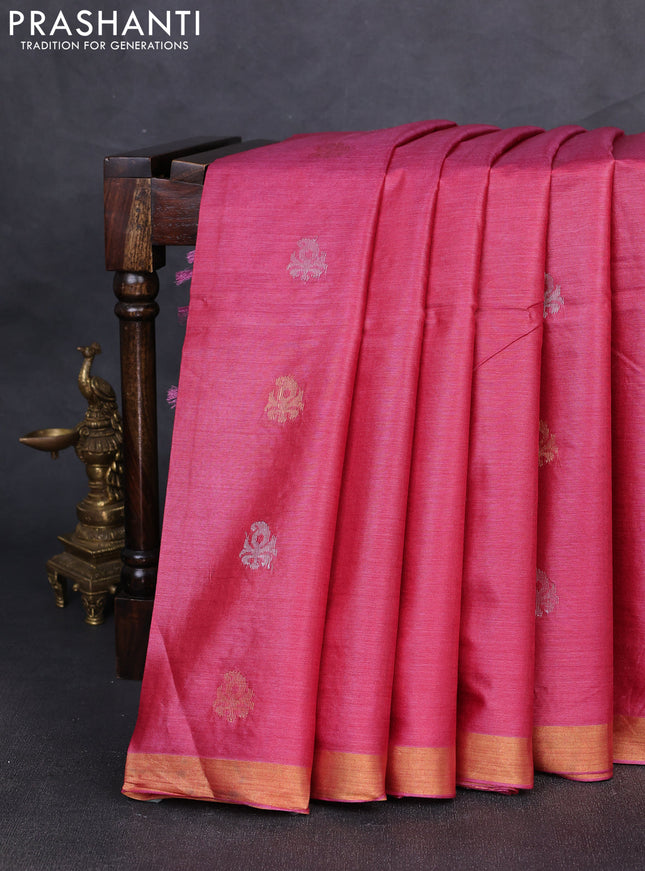 Banana silk saree pink with allover silver & gold zari woven buttas and zari woven border