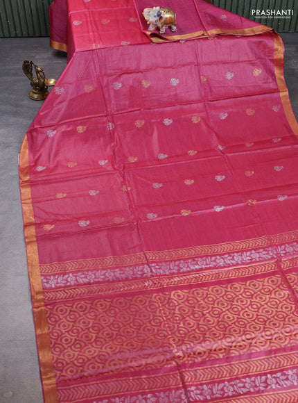 Banana silk saree pink with allover silver & gold zari woven buttas and zari woven border