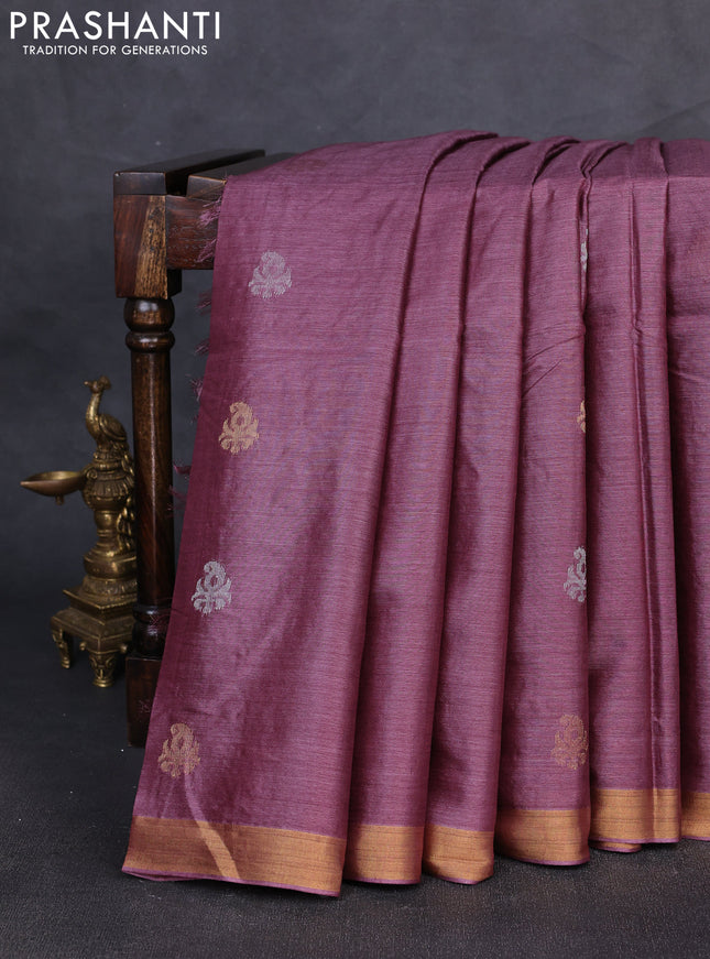 Banana silk saree wine shade with allover silver & gold zari woven buttas and zari woven border