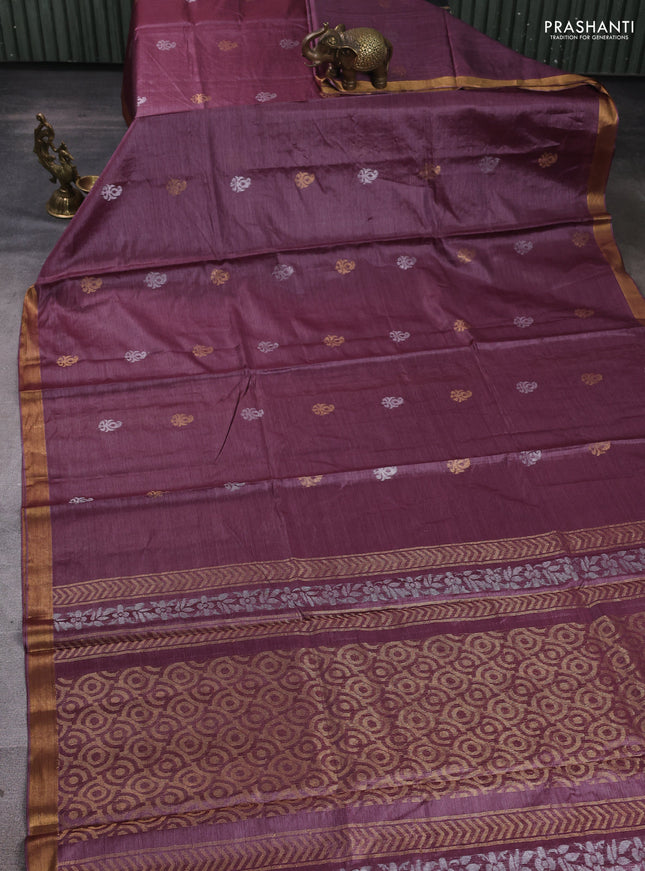 Banana silk saree wine shade with allover silver & gold zari woven buttas and zari woven border