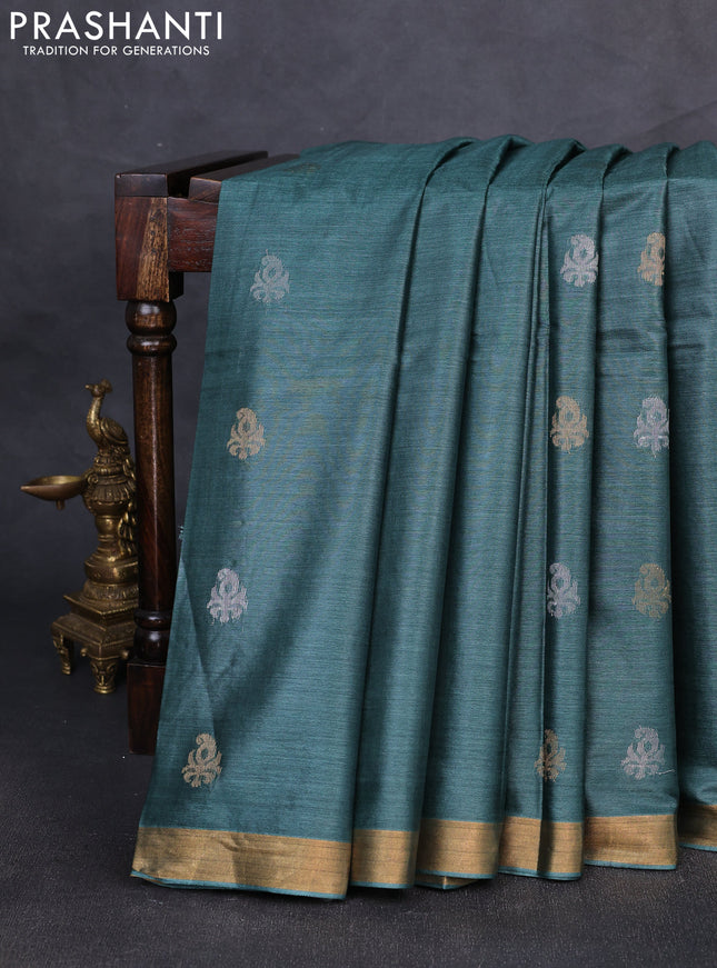 Banana silk saree green shade with allover silver & gold zari woven buttas and zari woven border