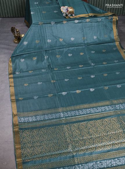 Banana silk saree green shade with allover silver & gold zari woven buttas and zari woven border