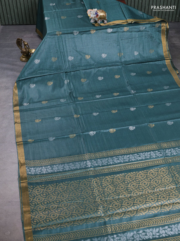 Banana silk saree green shade with allover silver & gold zari woven buttas and zari woven border