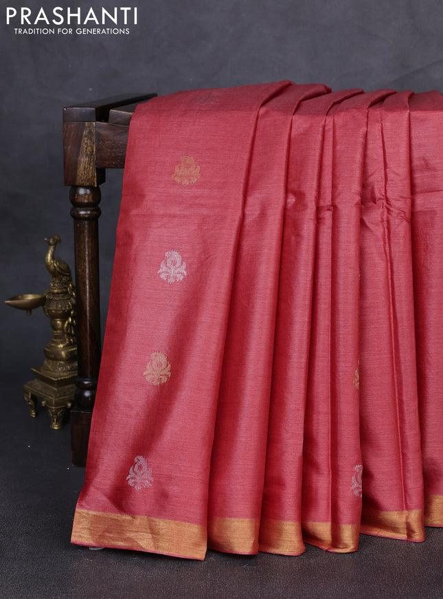 Banana silk saree red with allover silver & gold zari woven buttas and zari woven border