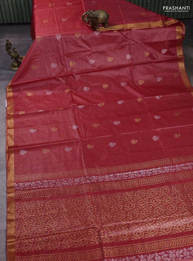 Banana silk saree red with allover silver & gold zari woven buttas and zari woven border