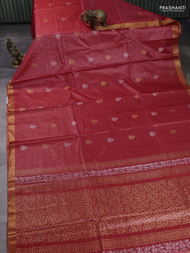 Banana silk saree red with allover silver & gold zari woven buttas and zari woven border