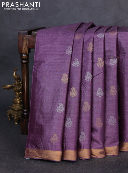 Banana silk saree purple with allover silver & gold zari woven buttas and zari woven border
