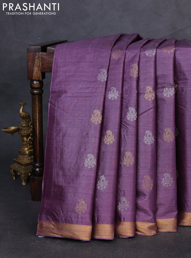 Banana silk saree purple with allover silver & gold zari woven buttas and zari woven border