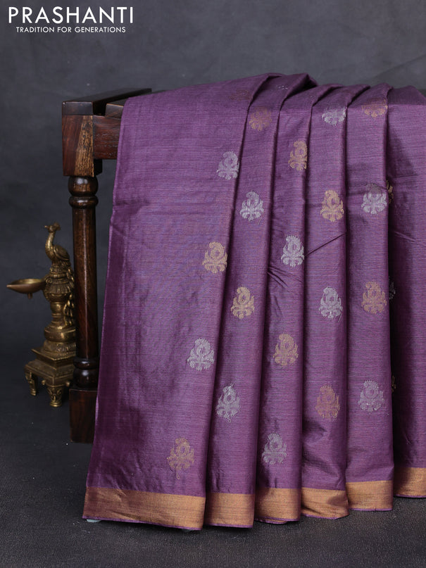 Banana silk saree purple with allover silver & gold zari woven buttas and zari woven border