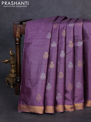 Banana silk saree purple with allover silver & gold zari woven buttas and zari woven border