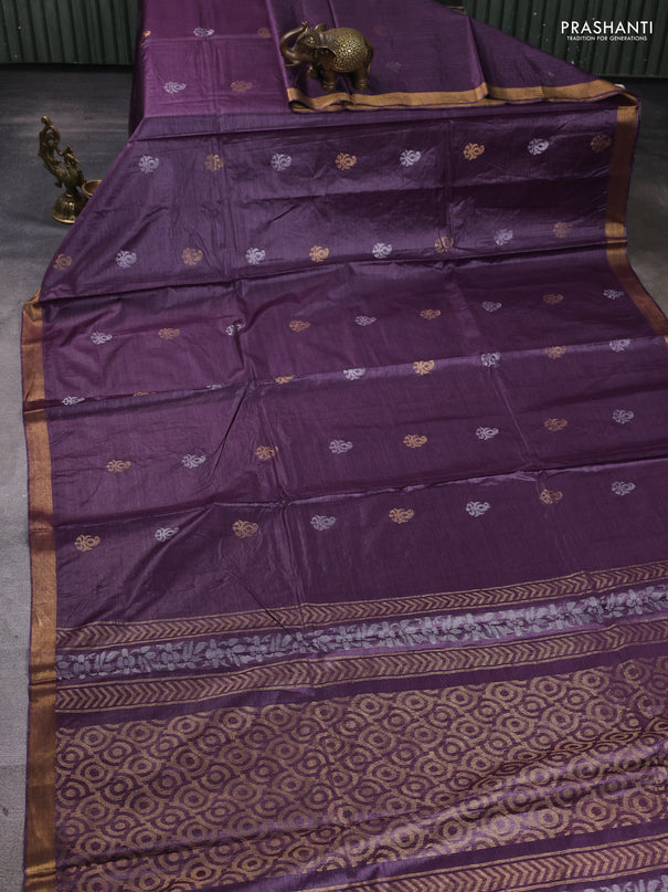 Banana silk saree purple with allover silver & gold zari woven buttas and zari woven border