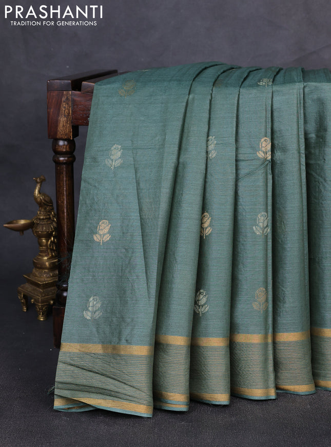 Banana silk saree olive green with thread & zari woven buttas and zari woven border