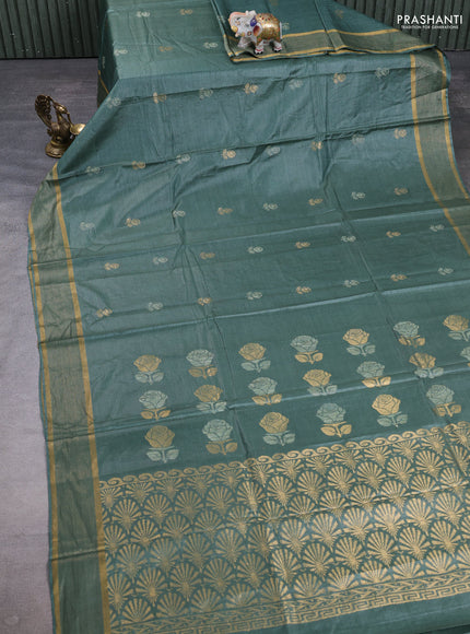 Banana silk saree olive green with thread & zari woven buttas and zari woven border