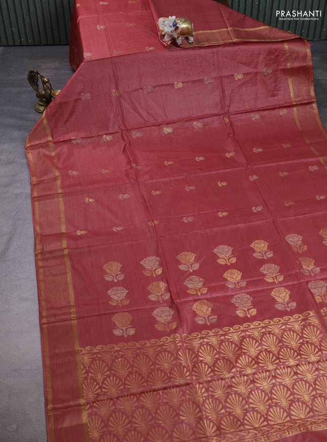 Banana silk saree maroon shade with thread & zari woven buttas and zari woven border