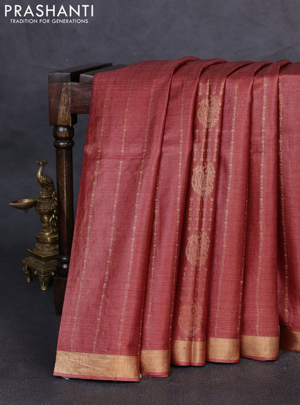 Banana silk saree rust shade with allover zari weaves and zari woven border