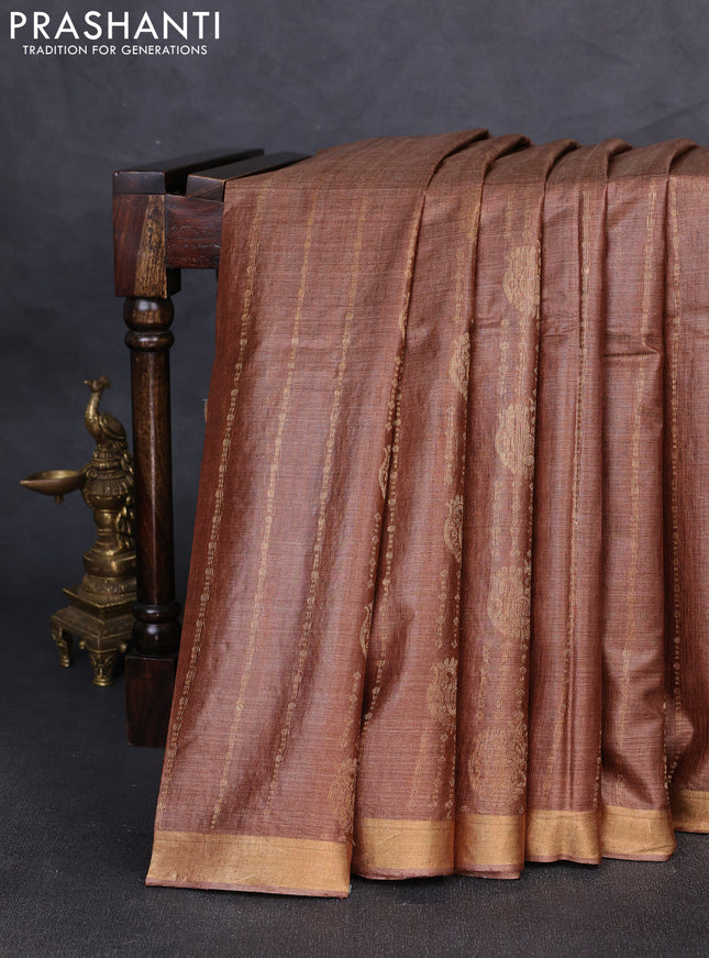 Banana silk saree pastel brown with allover zari weaves and zari woven border