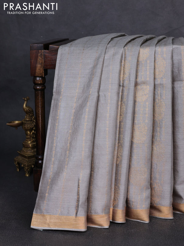 Banana silk saree grey with allover zari weaves and zari woven border