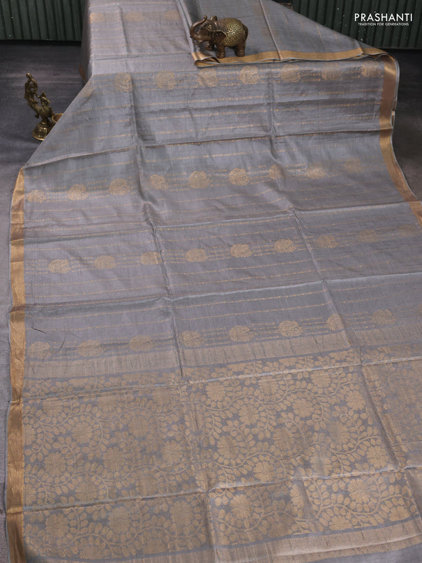 Banana silk saree grey with allover zari weaves and zari woven border