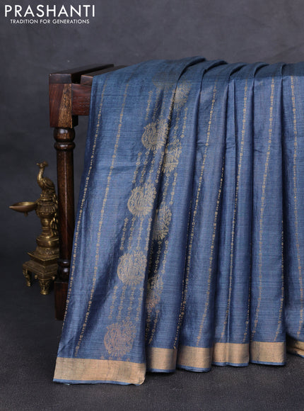Banana silk saree bluish grey with allover zari weaves and zari woven border