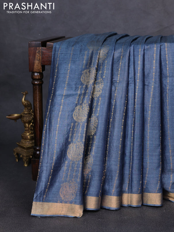 Banana silk saree bluish grey with allover zari weaves and zari woven border