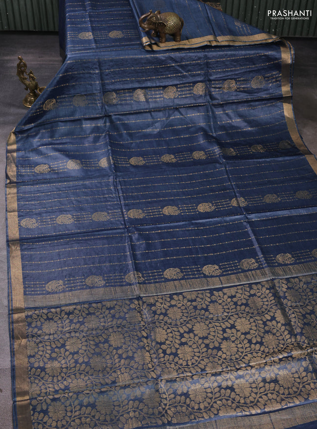 Banana silk saree bluish grey with allover zari weaves and zari woven border