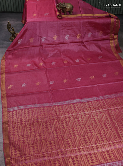 Banana silk saree magenta pink with thread & zari woven buttas and zari woven border