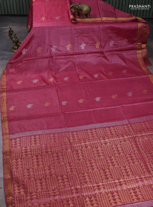 Banana silk saree magenta pink with thread & zari woven buttas and zari woven border