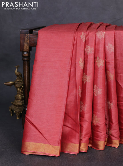 Banana silk saree dark peach with thread & zari woven buttas and zari woven border