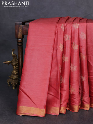 Banana silk saree dark peach with thread & zari woven buttas and zari woven border