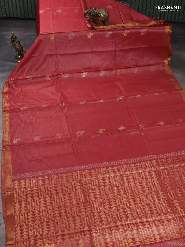 Banana silk saree dark peach with thread & zari woven buttas and zari woven border