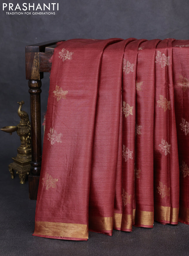 Banana silk saree maroon shade with thread & zari woven buttas and zari woven border