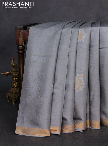 Banana silk saree grey with silver & zari woven buttas and zari woven border