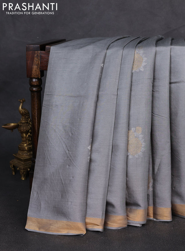 Banana silk saree grey with silver & zari woven buttas and zari woven border